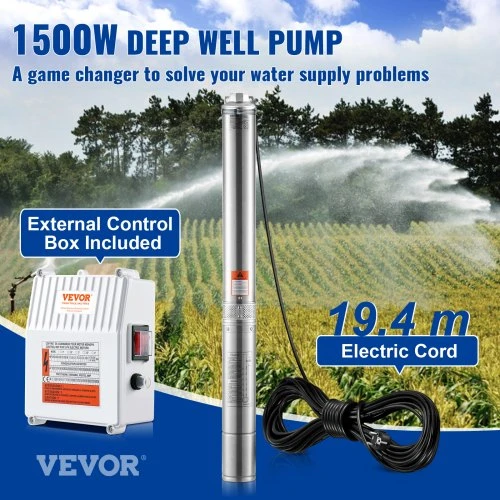 VEVOR Giluminis panardinamasis siurblys 1500W 230V, 108 m, nerūdijantis plienas, 19,4 m laidas, 4SDM6/15
