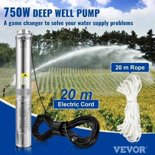VEVOR Giluminis panardinamasis siurblys 750 W, 230 V/50 Hz, 105 l/min, 62 m, nerūdijančio plieno