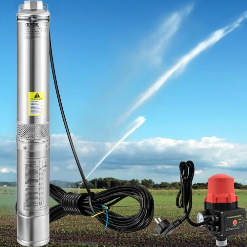 VEVOR Giluminis povandeninis siurblys 3.5SDM4/11, 750 W, 230 V/50 Hz, 105 l/min, 62 m, 20 m laidas, nerūdijantis plienas