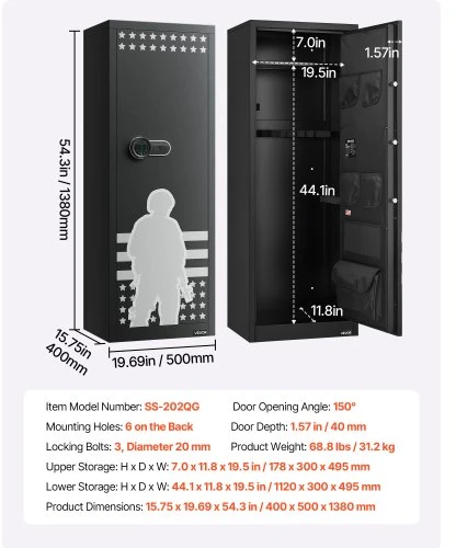 Koduva VEVOR ginklų seifas 10-12 ginklams, SS-202QG, 400 x 500 x 1380 mm