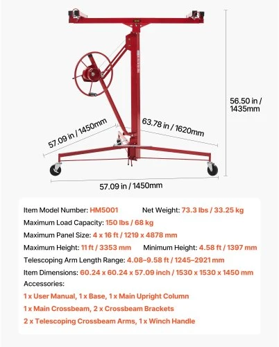 Koduva VEVOR gipskartonio keltuvas 3353 mm, 68 kg, su reguliuojama teleskopine svirtimi, užrakinamais ratais, raudonas