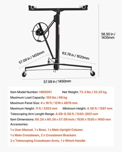 Koduva VEVOR gipskartonio keltuvas 3353 mm, 68 kg, su reguliuojama teleskopine rankena, juodas