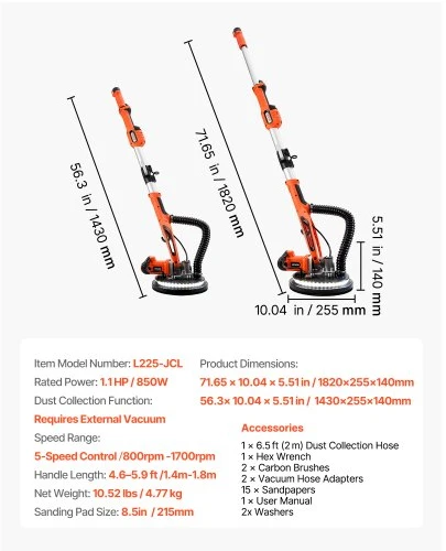 VEVOR Gipskartonio šlifuoklis, 850 W, 800-1700 aps./min, su LED apšvietimu, sulankstoma ir pailginama rankena