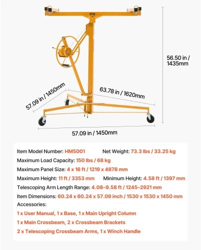 VEVOR Gipso kartono keltuvas 3353 mm, 68 kg, su reguliuojama teleskopine svirtimi ir užrakinamais ratukais, geltonas