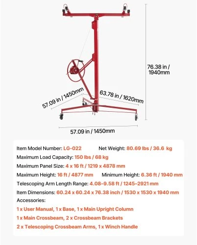 Koduva VEVOR gipso kartono keltuvas 4877 mm, 68 kg, reguliuojama teleskopinė rankena, užrakinami ratukai, raudonas