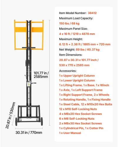 Koduva VEVOR gipso kartono keltuvas, 68 kg, 1219 x 4878 mm, su ratukais, geltonas