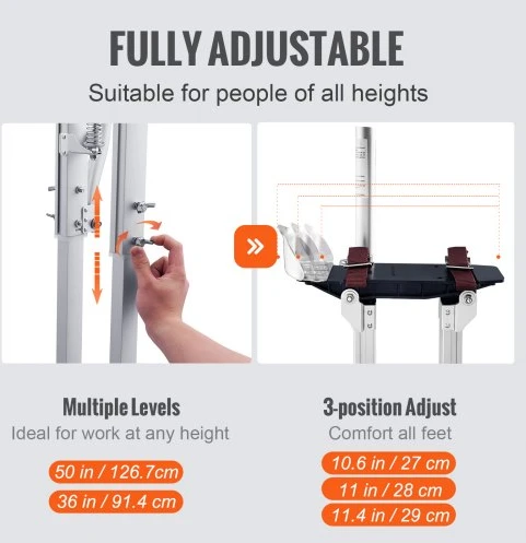 Koduva VEVOR gipso kartono stilts, reguliuojami 91,4–127 cm aliumininiai su apsauginiais kelių įtvarais, sidabriniai
