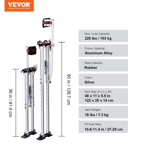 Koduva VEVOR gipso kartono stilts, reguliuojami 91,4–127 cm aliumininiai su apsauginiais kelių įtvarais, sidabriniai