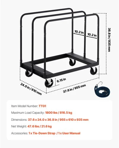 Koduva VEVOR gipso kartono vežimėlis, 816 kg, plieno, su 12,5 mm pasukamais ratukais, diržu ir 3 šoniniais turėklais, juodas