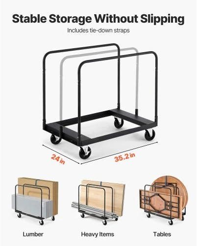 Koduva VEVOR gipso kartono vežimėlis, 816 kg, plieno, su 12,5 mm pasukamais ratukais, diržu ir 3 šoniniais turėklais, juodas