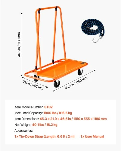 Koduva VEVOR gipso kartono vežimėlis su 816 kg keliamąja galia, plieno, su 4 pasukamais ratukais, oranžinis
