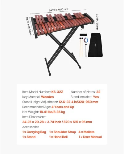 VEVOR Glockenspiel xylophone, 32 natų, medinis, su reguliuojamu stovu, 4 lazdelėmis ir nešiojamu krepšiu