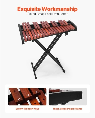 VEVOR Glockenspiel xylophone, 32 natų, medinis, su reguliuojamu stovu, 4 lazdelėmis ir nešiojamu krepšiu