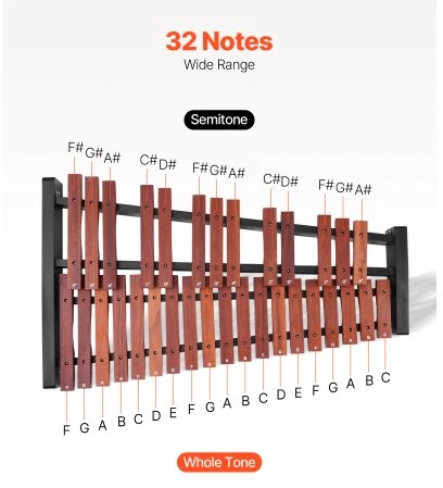 VEVOR Glockenspiel xylophone, 32 natų, medinis, su reguliuojamu stovu, 4 lazdelėmis ir nešiojamu krepšiu