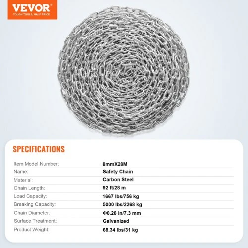 VEVOR Grandinė, 5/16" x 92 pėdų, 1667 lb darbinė apkrova, cinkuota
