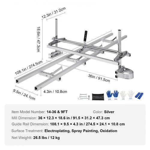 VEVOR Grandininio pjūklo lentpjūvės ir kreipiamojo bėgio sistema, aliuminis, sidabrinė, 36-91 cm, 2,74 m