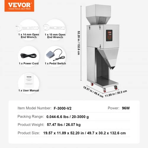 VEVOR Granulių pildymo mašina, 20–3000 g, automatinė, su kojiniu pedalu, nerūdijančio plieno