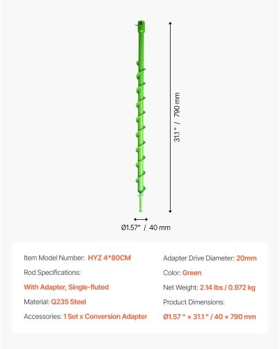VEVOR Grąžtas sodinimui HYZ 4*80CM, 40 x 790 mm, žalias