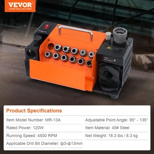 Koduva VEVOR grąžtų galąstuvas MR-13A, 3–13 mm, 95°–135°, su 11 įvorėmis
