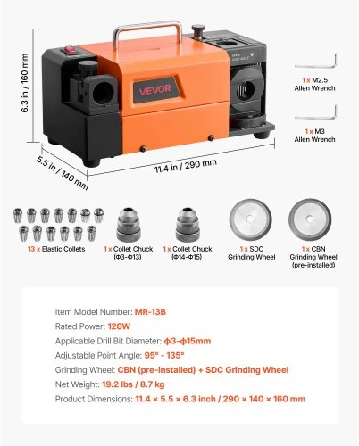 Koduva VEVOR grąžtų galąstuvas MR-13B, 3–15 mm, 95°–135°, 4600 aps./min., 13 įvorės