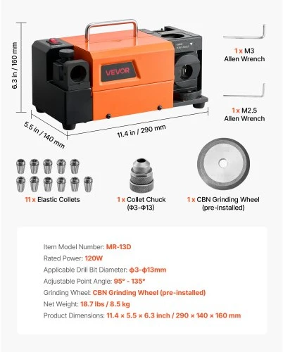 Koduva VEVOR grąžtų galąstuvas MR-13D, 3–13 mm, 4600 aps./min., su 11 įvorėmis ir CBN disku