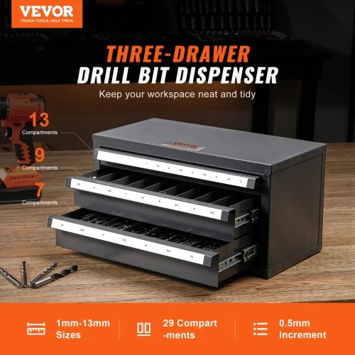 Koduva VEVOR grąžtų laikymo spintelė ET3-F, 3 stalčių, 1–13 mm, pilka su oranžine tekstūra