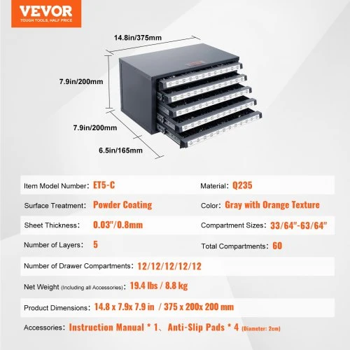 Koduva VEVOR grąžtų laikymo spintelė ET5-C, 5 stalčių, pilka su oranžine tekstūra, 375 x 200 x 200 mm