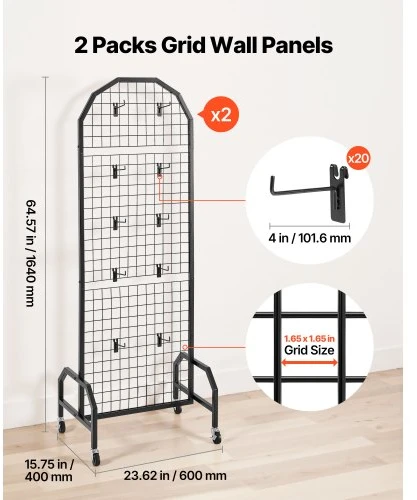 VEVOR Grid sienelės, 2 vnt., 600 x 1640 mm, juodos, su ratukais ir 20 kabliukų