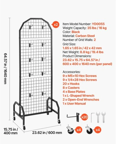 VEVOR Grid sienelės, 2 vnt., 600 x 1640 mm, juodos, su ratukais ir 20 kabliukų