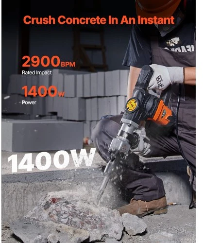 VEVOR Griovimo plaktukas betonui, 1400 W, elektrinis, su 2 kaltų antgaliais