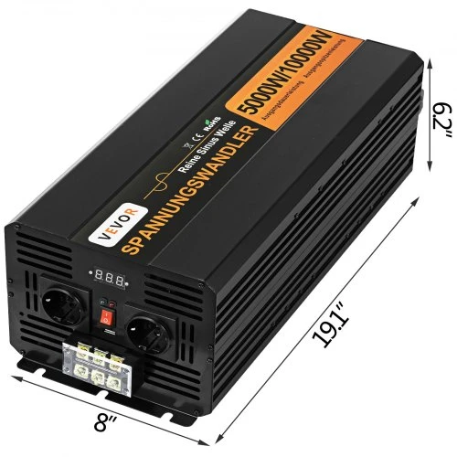 VEVOR Grynos sinusoidės galios keitiklis 5000 W 24 V DC į 230 V AC, 50 Hz, pikinė galia 10000 W