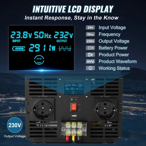 VEVOR Grynos sinusoidės keitiklis TP-3000W, 3000 W, 24 V DC į 230 V AC