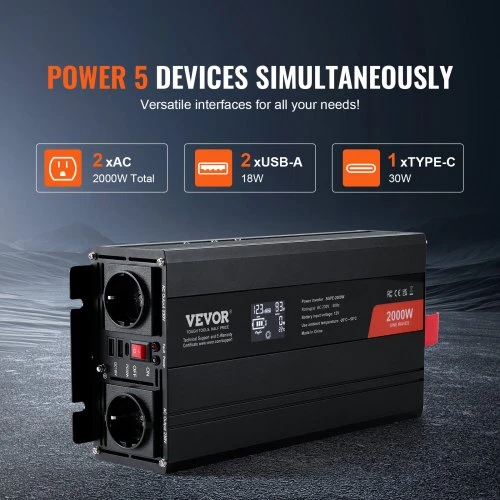 Koduva VEVOR grynos sinusoidės keitiklis, 2000 W, DC 12 V į AC 230 V, SGPE-2000W