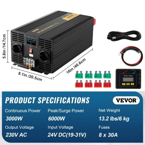 VEVOR Grynos sinusoidės keitiklis TP-3000W, 3000 W, 24 V DC į 230 V AC