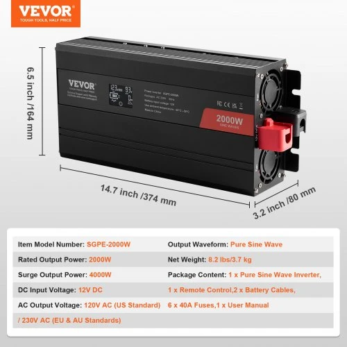 Koduva VEVOR grynos sinusoidės keitiklis, 2000 W, DC 12 V į AC 230 V, SGPE-2000W