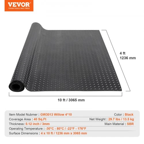 VEVOR Guminis garažo grindų rulonas su deimantiniu raštu, 3 mm x 4 pėdų x 10 pėdų, juodas