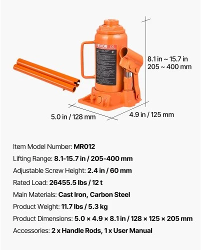 VEVOR Hidraulinis butelinis domkratas, 12 t, 205–400 mm kėlimo diapazonas, oranžinis