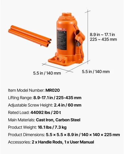 VEVOR Hidraulinis butelinis keltuvas, 20 t, 225–435 mm, oranžinis