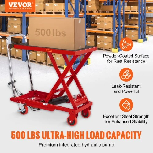 Koduva VEVOR hidraulinis keltuvo stalas vežimėlis, 500 lbs, 28,5 col. kėlimo aukštis, rankinis vieno žirklinio tipo, raudonas