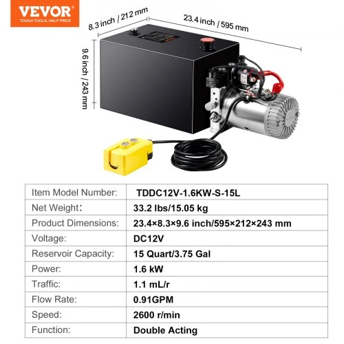 VEVOR Hidraulinis siurblys, 15 kvartų hidraulinis galios blokas, dvigubo veikimo, 12 V, 0,91 GPM, 3200 PSI