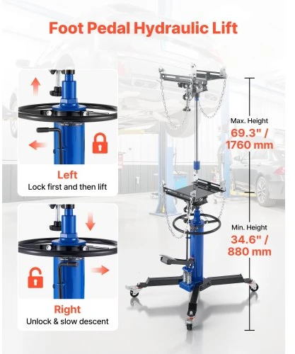 VEVOR Hidraulinis transmisijos domkratas, 1322 lbs / 0,6 t, teleskopinis, su kojiniu pedalu, 88–176 cm