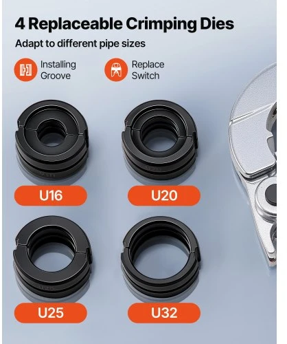 Koduva VEVOR hidraulinis vamzdžių užspaudimo įrankis PEX ir aliuminio-plastiko vamzdžių jungiamosioms detalėms, U16 U20 U25 U32 žandikauliai, lagaminas
