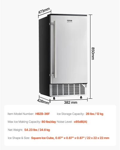 VEVOR Įmontuojamas ledo generatorius, 80 lb/d., su keičiamomis durelėmis, nerūdijančio plieno, laisvai pastatomas