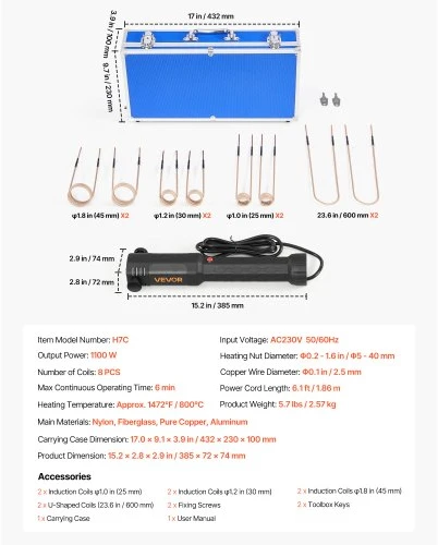 VEVOR Indukcinis kaitintuvas varžtams ir veržlėms, 1100 W 230 V, rankinis, su 8 ritėmis ir dėklu