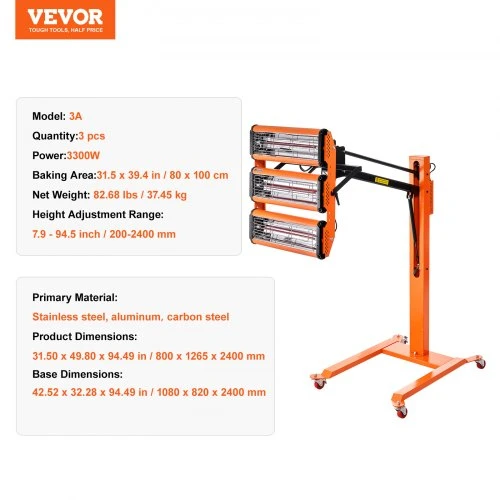 VEVOR Infraraudonųjų spindulių dažų kietinimo lempa, 3300 W, 1–60 min laikmatis, 1 vnt.
