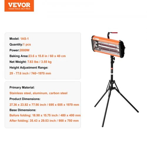 Koduva VEVOR infraraudonųjų spindulių dažų kietinimo lempa, 2000 W, 740–1970 mm