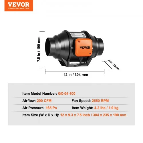 Ventiliatorius Koduva VEVOR inline duct fan GX-04-100, 102 mm, 200 CFM, 31 W