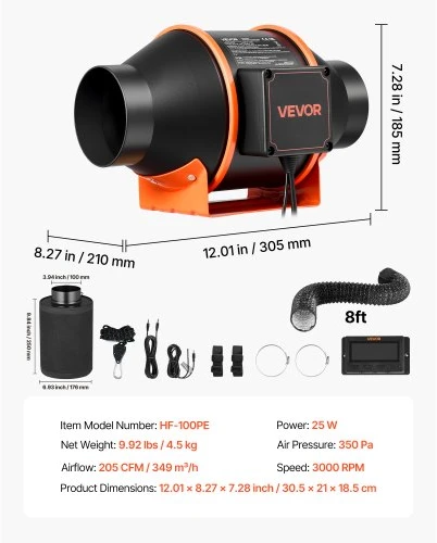 Ventiliatorius Koduva VEVOR inline duct fan kit su anglies filtru, 349 m³/h, 101.6 mm, HF-100PE