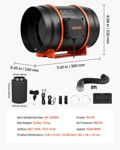 Ventiliatorius Koduva VEVOR inline duct fan kit su anglies filtru, 1372 m³/h, 203 mm, HF-200PE