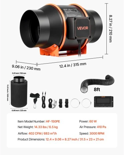 Ventiliatorius Koduva VEVOR inline duct fan kit su anglies filtru, 683 m³/h, 152,4 mm, HF-150PE